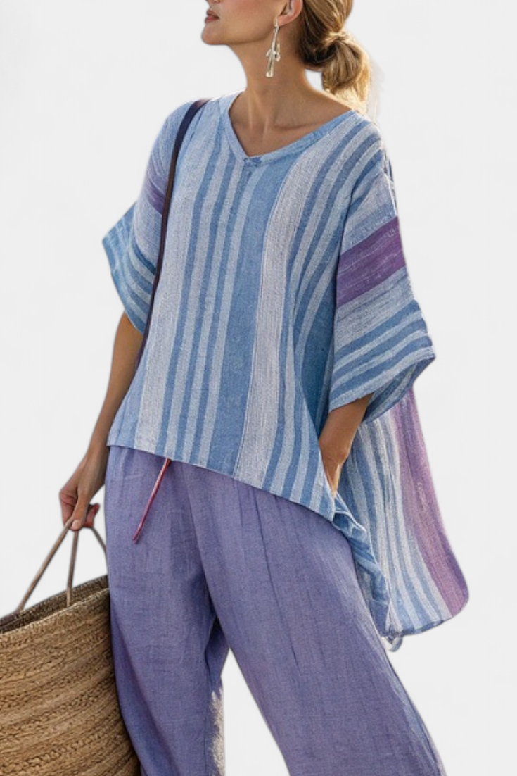 Carlotta – Top elegante en lavanda y azul cielo con pantalón de lino