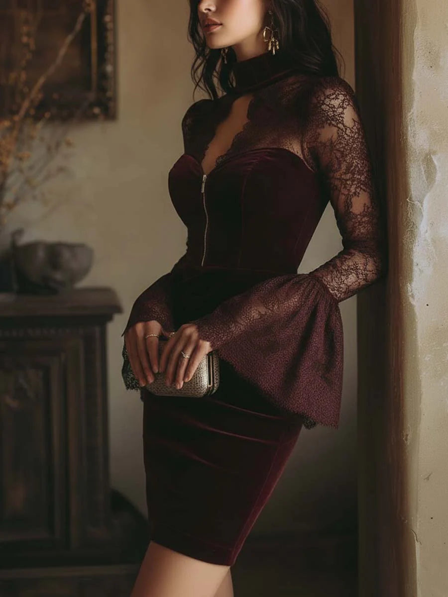 NÚRIA™║Mini abito aderente in velluto e pizzo bordeaux