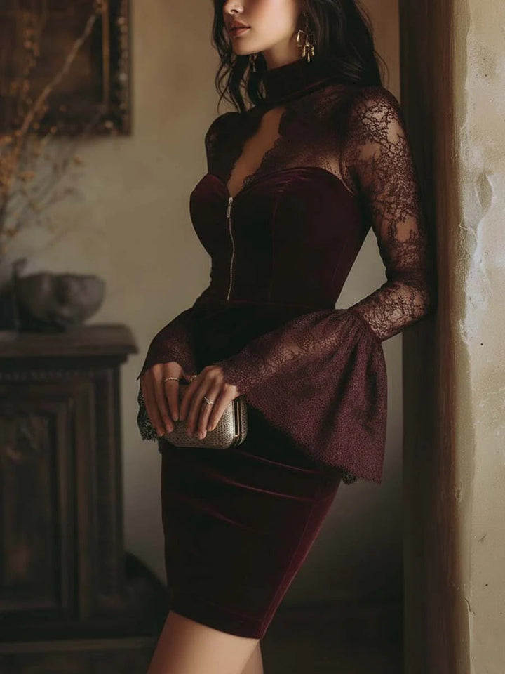 NÚRIA™║Mini abito aderente in velluto e pizzo bordeaux