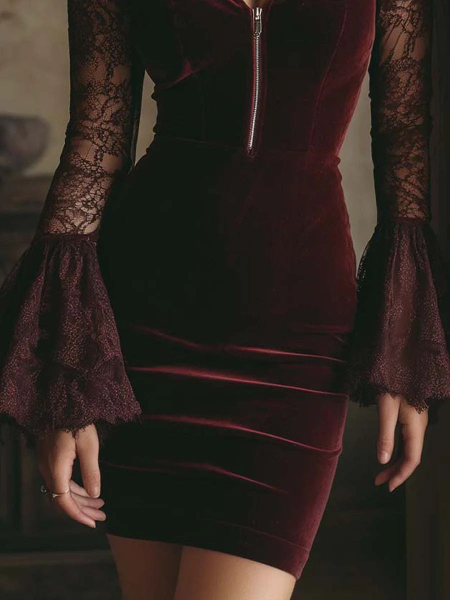 NÚRIA™║Mini abito aderente in velluto e pizzo bordeaux