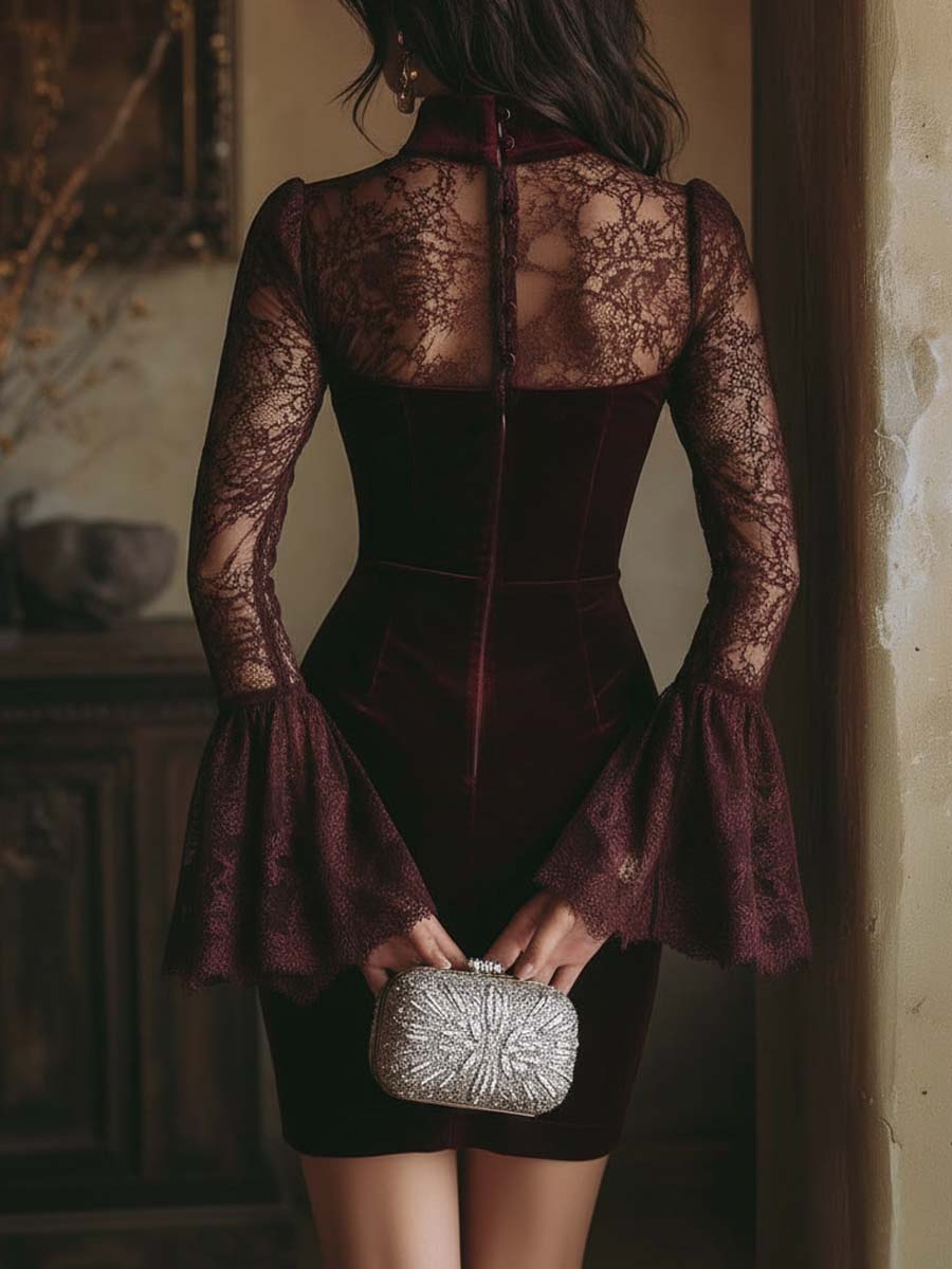 NÚRIA™║Mini abito aderente in velluto e pizzo bordeaux