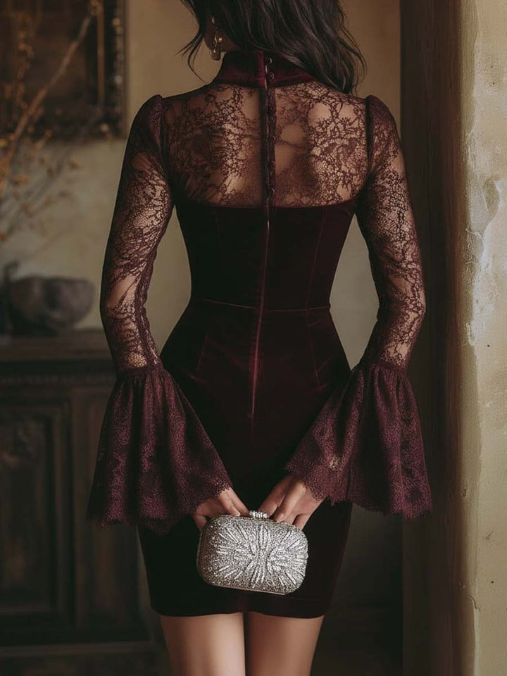 NÚRIA™║Mini abito aderente in velluto e pizzo bordeaux