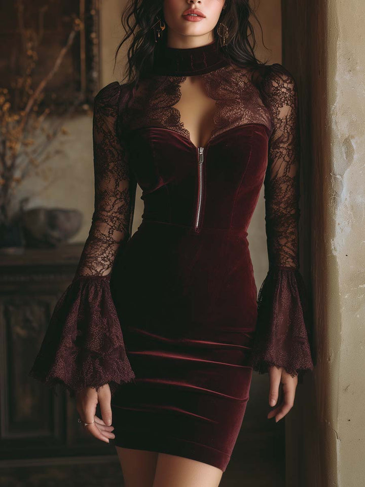NÚRIA™║Mini abito aderente in velluto e pizzo bordeaux