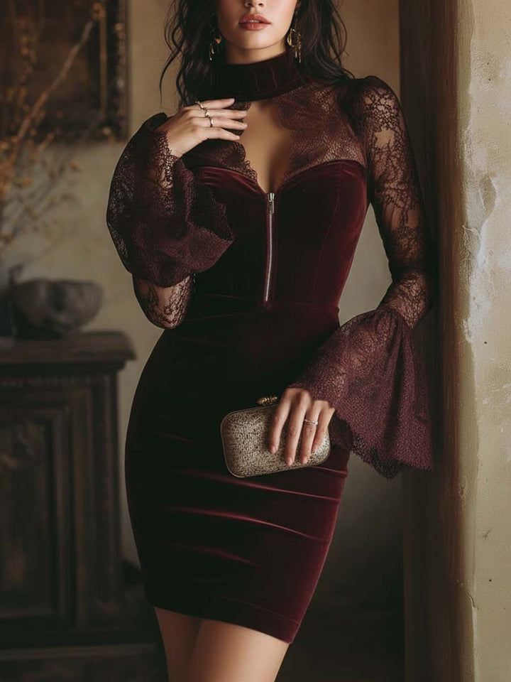 NÚRIA™║Mini abito aderente in velluto e pizzo bordeaux
