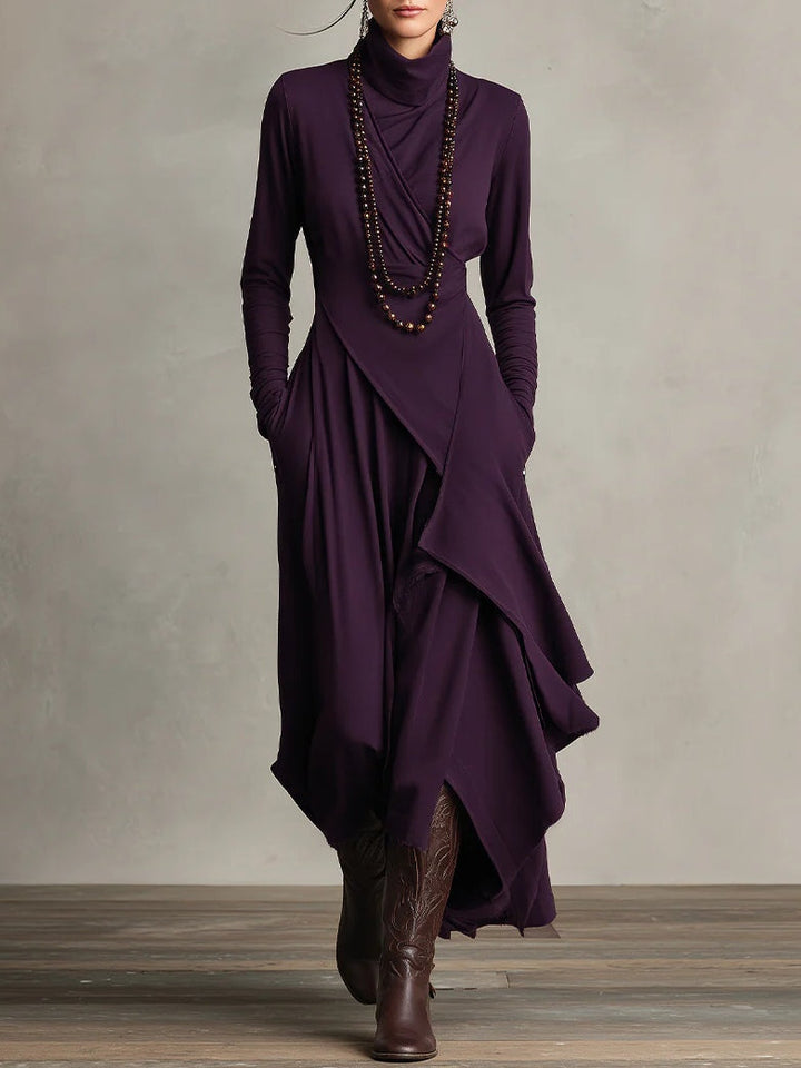 AURELIA™║Vestido largo plisado asimétrico con cuello alto