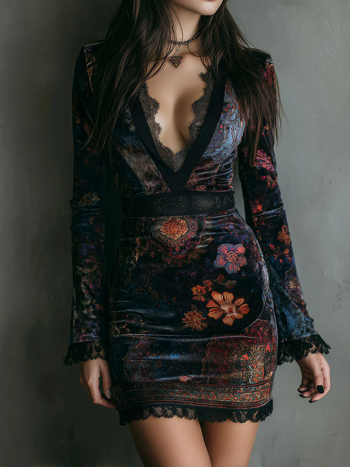 GRAZIA™║Vestido mini ajustado de terciopelo con estampado floral y encaje
