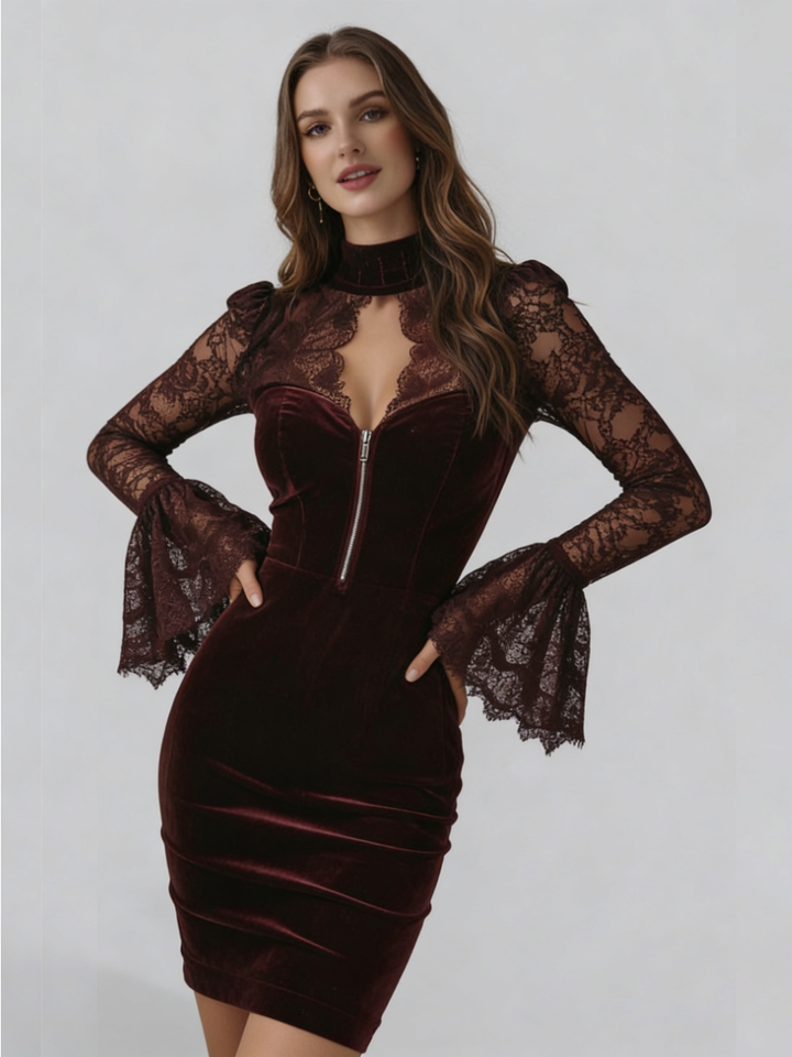 NÚRIA™║Mini abito aderente in velluto e pizzo bordeaux